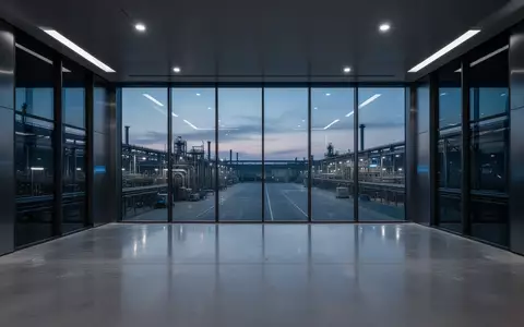 Ein minimalistischer, moderner Kontrollraum mit Blick auf eine weitläufige Industrieanlage in der Dämmerung. - Foto: über boerse-global.de