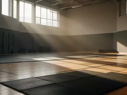 Ein leerer, sonnendurchfluteter Fitnessraum mit poliertem Holzboden und minimalistischer Gestaltung. - Foto: über boerse-global.de