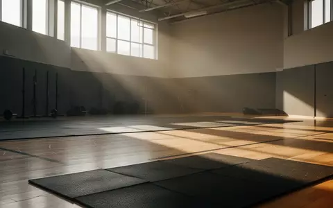 Ein leerer, sonnendurchfluteter Fitnessraum mit poliertem Holzboden und minimalistischer Gestaltung. - Foto: über boerse-global.de