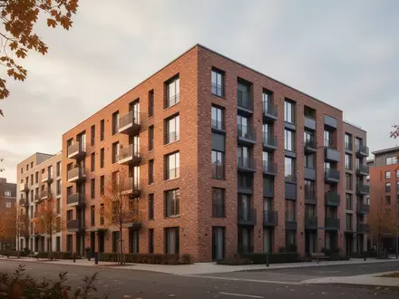 Ein Wohngebäude mit Klinkerfassade an einem bewölkten Herbsttag, das die Architektur und das Wohnumfeld in Bergkamen zeigt. - Foto: über boerse-global.de