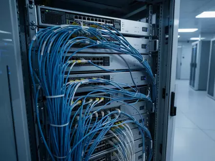 Ein steriler, modern beleuchteter Serverraum mit geordneten Kabeln und Server-Hardware in einer minimalistischen Umgebung. - Foto: über boerse-global.de