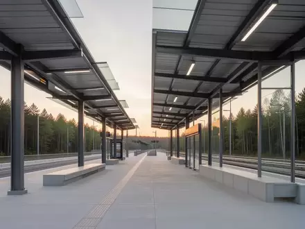 Ein moderner, leerer Busbahnhof an einem Waldrand bei Tagesanbruch. - Foto: über boerse-global.de