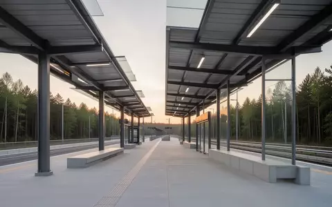 Ein moderner, leerer Busbahnhof an einem Waldrand bei Tagesanbruch. - Foto: über boerse-global.de