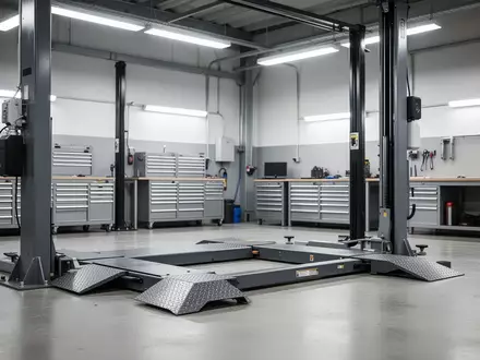 Leere, aufgeräumte Kfz-Werkstatt mit einer Hebebühne in einer Industriehalle. - Foto: über boerse-global.de