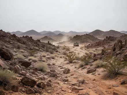 Eine raue und unwegsame Wüstenlandschaft mit felsigem Untergrund, die als Testgelände für autonome Logistik dient. - Foto: über boerse-global.de