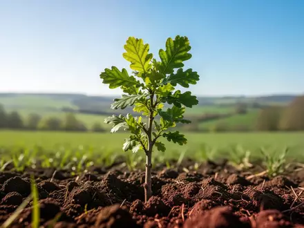 Ein kleiner, wachsender Eichensetzling in einem sonnendurchfluteten Feld als Symbol für langfristiges Wachstum und Vorsorge. - Foto: über boerse-global.de