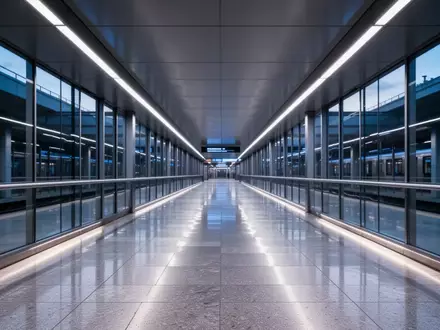 Ein moderner, leerer Gang in einem öffentlichen Verkehrsknotenpunkt bei Dämmerung mit architektonischer Beleuchtung. - Foto: über boerse-global.de