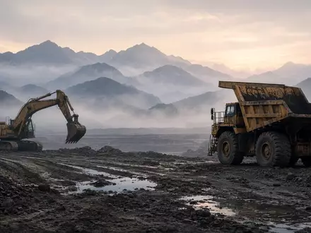 Industrielle Bergbauanlage in einer nebligen Berglandschaft bei Sonnenaufgang. - Foto: über boerse-global.de