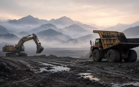 Industrielle Bergbauanlage in einer nebligen Berglandschaft bei Sonnenaufgang. - Foto: ĂĽber boerse-global.de