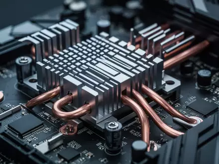 Detailaufnahme einer modernen Computer-Hauptplatine mit metallischen Kühlkörpern und feinen elektronischen Komponenten. - Foto: über boerse-global.de