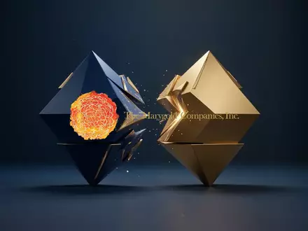 Abstrakte Darstellung einer Unternehmensübernahme mit eleganten geometrischen Formen in Blau und Gold. - Foto: über boerse-global.de
