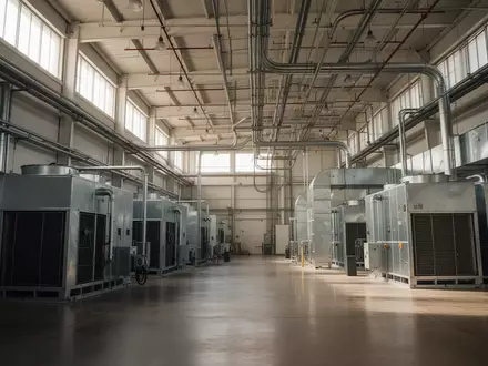 Große, industrielle Halle mit massiven Kühlsystemen und elektrischen Leitungen unter einer hohen Decke in Memphis. - Foto: über boerse-global.de