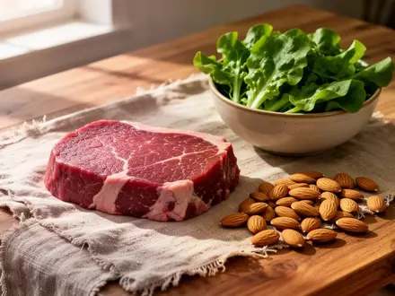 Frische Lebensmittel wie ein Stück Fleisch, grünes Blattgemüse und Mandeln auf einem rustikalen Holztisch bei natürlichem Licht - Foto: über boerse-global.de