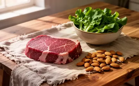 Frische Lebensmittel wie ein Stück Fleisch, grünes Blattgemüse und Mandeln auf einem rustikalen Holztisch bei natürlichem Licht - Foto: über boerse-global.de