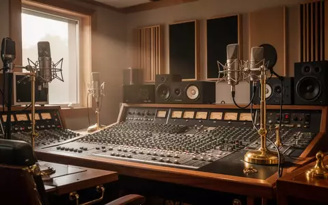 Ein professionelles Tonstudio mit analoger Mischpulttechnik und akustischer Wandverkleidung bei natürlichem Lichteinfall. - Foto: über boerse-global.de
