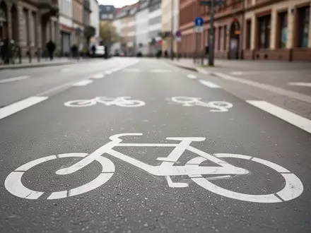 Leerer Radweg in einer deutschen Stadt mit aufgemaltem Fahrrad- und E-Scooter-Symbol bei Tageslicht. - Foto: über boerse-global.de
