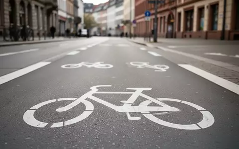 Leerer Radweg in einer deutschen Stadt mit aufgemaltem Fahrrad- und E-Scooter-Symbol bei Tageslicht. - Foto: über boerse-global.de