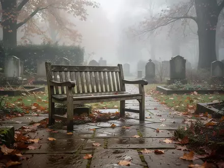 Ein einsamer, verwitterter Holzbank in einem stillen Friedhofsgarten an einem nebligen Herbstmorgen. - Foto: über boerse-global.de