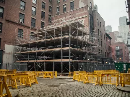 Eine verlassene Baustelle mit Baugerüsten und Absperrungen in einem städtischen Wohngebiet bei Tageslicht. - Foto: über boerse-global.de