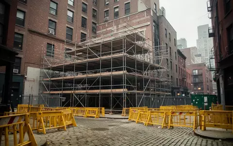 Eine verlassene Baustelle mit Baugerüsten und Absperrungen in einem städtischen Wohngebiet bei Tageslicht. - Foto: über boerse-global.de