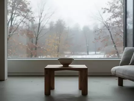 Ein minimalistisch eingerichtetes, leeres Wohnzimmer an einem trüben Herbsttag, das eine Atmosphäre der Zurückhaltung vermittelt. - Foto: über boerse-global.de