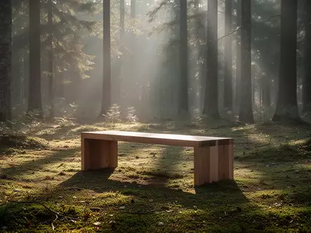 Eine leere Holzbank in einer ruhigen Waldlichtung im sanften Licht der Morgensonne. - Foto: über boerse-global.de