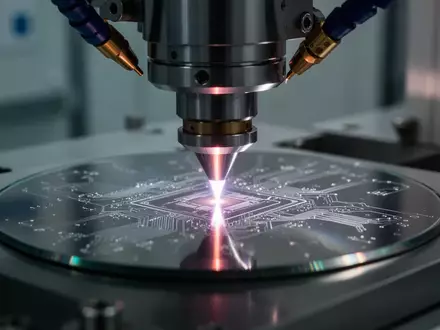 Nahaufnahme einer industriellen Laserbearbeitung an einem Halbleiter-Wafer in einer Reinraumumgebung. - Foto: über boerse-global.de