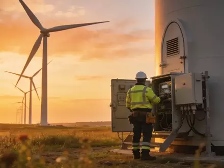 Ein Techniker in Schutzkleidung inspiziert eine Windkraftanlage vor dem Hintergrund eines Windparks bei Sonnenuntergang. - Foto: über boerse-global.de