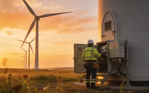 Ein Techniker in Schutzkleidung inspiziert eine Windkraftanlage vor dem Hintergrund eines Windparks bei Sonnenuntergang. - Foto: über boerse-global.de