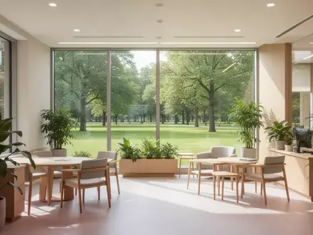 Heller, moderner Innenraum eines Bürogebäudes mit großen Fenstern und Blick ins Grüne, geprägt von einer ruhigen Atmosphäre. - Foto: über boerse-global.de