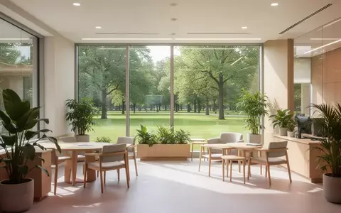 Heller, moderner Innenraum eines Bürogebäudes mit großen Fenstern und Blick ins Grüne, geprägt von einer ruhigen Atmosphäre. - Foto: über boerse-global.de