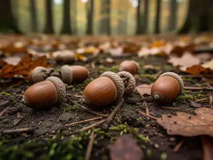 Mehrere Eicheln liegen auf einem feuchten, moosigen Waldboden zwischen herbstlichem Laub. - Foto: über boerse-global.de