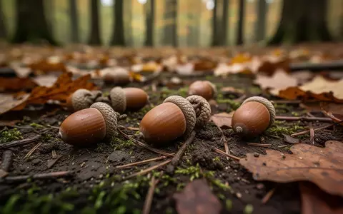 Mehrere Eicheln liegen auf einem feuchten, moosigen Waldboden zwischen herbstlichem Laub. - Foto: über boerse-global.de