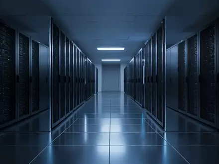 Ein dunkler, moderner Serverraum mit bläulicher Beleuchtung und unbeschrifteten Server-Racks. - Foto: über boerse-global.de