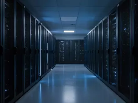 Ein modern ausgestatteter Serverraum mit dunklen Geräteracks und blauer Beleuchtung. - Foto: über boerse-global.de