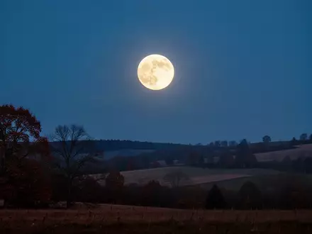 Ein heller Vollmond leuchtet über einer dunklen, herbstlichen Landschaft in der Dämmerung. - Foto: über boerse-global.de