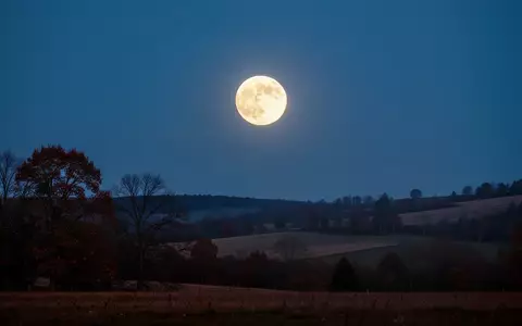 Ein heller Vollmond leuchtet über einer dunklen, herbstlichen Landschaft in der Dämmerung. - Foto: über boerse-global.de