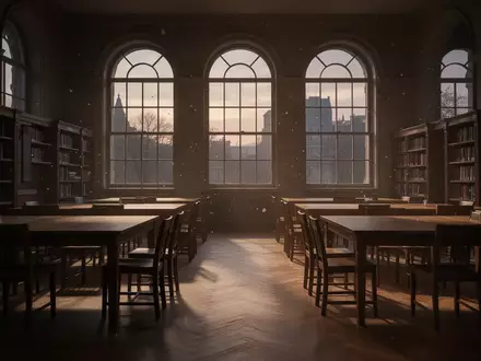 Ein stiller, menschenleerer Lesesaal einer Universitätsbibliothek bei Dämmerung mit langen Holztischen und einfallendem Licht. - Foto: über boerse-global.de