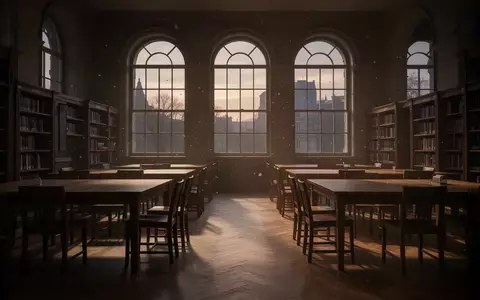 Ein stiller, menschenleerer Lesesaal einer Universitätsbibliothek bei Dämmerung mit langen Holztischen und einfallendem Licht. - Foto: über boerse-global.de