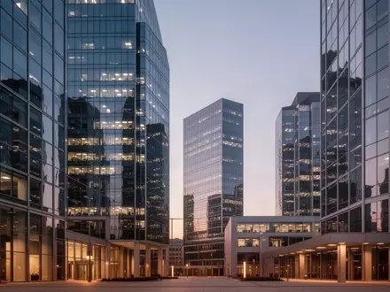 Moderne Glasfassaden eines Finanzviertels bei Dämmerung, die wirtschaftliche Dynamik und urbane Architektur symbolisieren. - Foto: über boerse-global.de