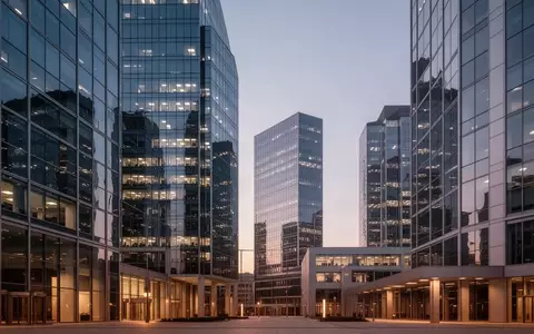 Moderne Glasfassaden eines Finanzviertels bei Dämmerung, die wirtschaftliche Dynamik und urbane Architektur symbolisieren. - Foto: über boerse-global.de