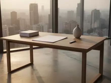 Ein minimalistischer, leerer Arbeitsplatz in einem modernen Bürogebäude bei Sonnenuntergang mit einem schlichten Holztisch. - Foto: über boerse-global.de
