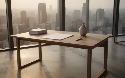 Ein minimalistischer, leerer Arbeitsplatz in einem modernen Bürogebäude bei Sonnenuntergang mit einem schlichten Holztisch. - Foto: über boerse-global.de