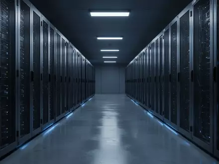 Ein dunkler, moderner Serverraum mit metallischen Schränken und kühler Beleuchtung. - Foto: über boerse-global.de