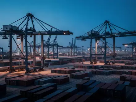 Ein weitläufiger Containerhafen mit riesigen Kränen und in einem Raster angeordneten Containern bei Dämmerung. - Foto: über boerse-global.de