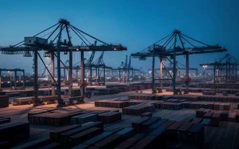 Ein weitläufiger Containerhafen mit riesigen Kränen und in einem Raster angeordneten Containern bei Dämmerung. - Foto: über boerse-global.de
