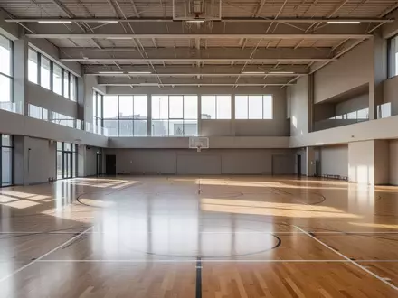 Leere, helle Sporthalle mit Parkettboden und großen Fenstern in einer modernen Sportanlage. - Foto: über boerse-global.de