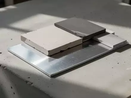 Nahaufnahme von Keramik-Aluminium-Verbundwerkstoffen auf einer minimalistischen Betonoberfläche in einem Designstudio. - Foto: über boerse-global.de