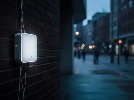 Ein einsamer, leuchtender WLAN-Router an einer dunklen Backsteinwand in einer stĂ€dtischen Umgebung bei DĂ€mmerung. - Foto: ĂŒber boerse-global.de