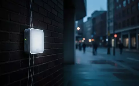 Ein einsamer, leuchtender WLAN-Router an einer dunklen Backsteinwand in einer städtischen Umgebung bei Dämmerung. - Foto: über boerse-global.de